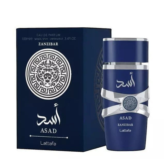 Lattafa Asad Zanzibar Eau De Parfum for men, 100ml. Dark blue bottle with silver accents and Arabic script.