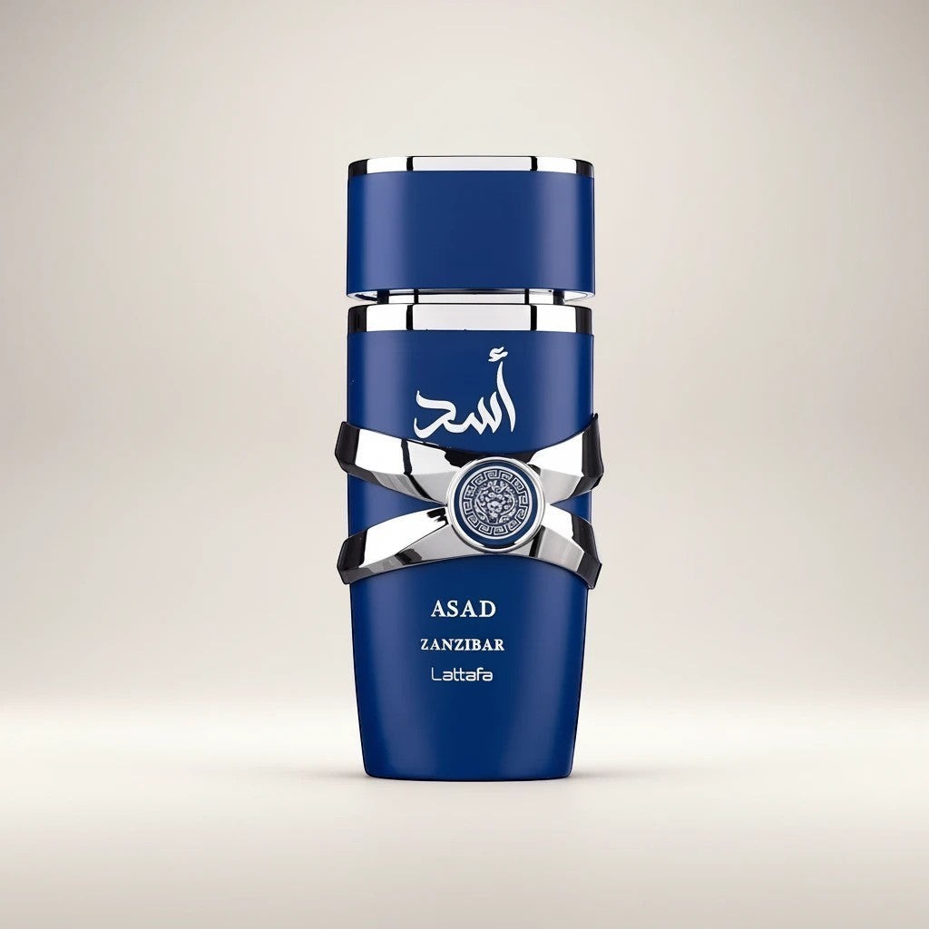 Lattafa Asad Zanzibar Eau De Parfum for men, 100ml. Blue bottle with silver accents and Arabic script.